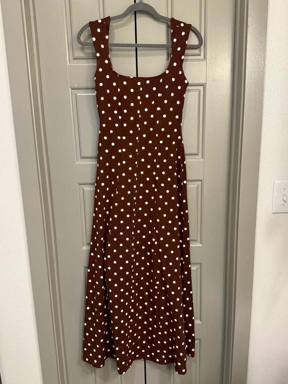 ASOS Design Square Neck Midi Dress in Chocolate White Polka Dots Size 8